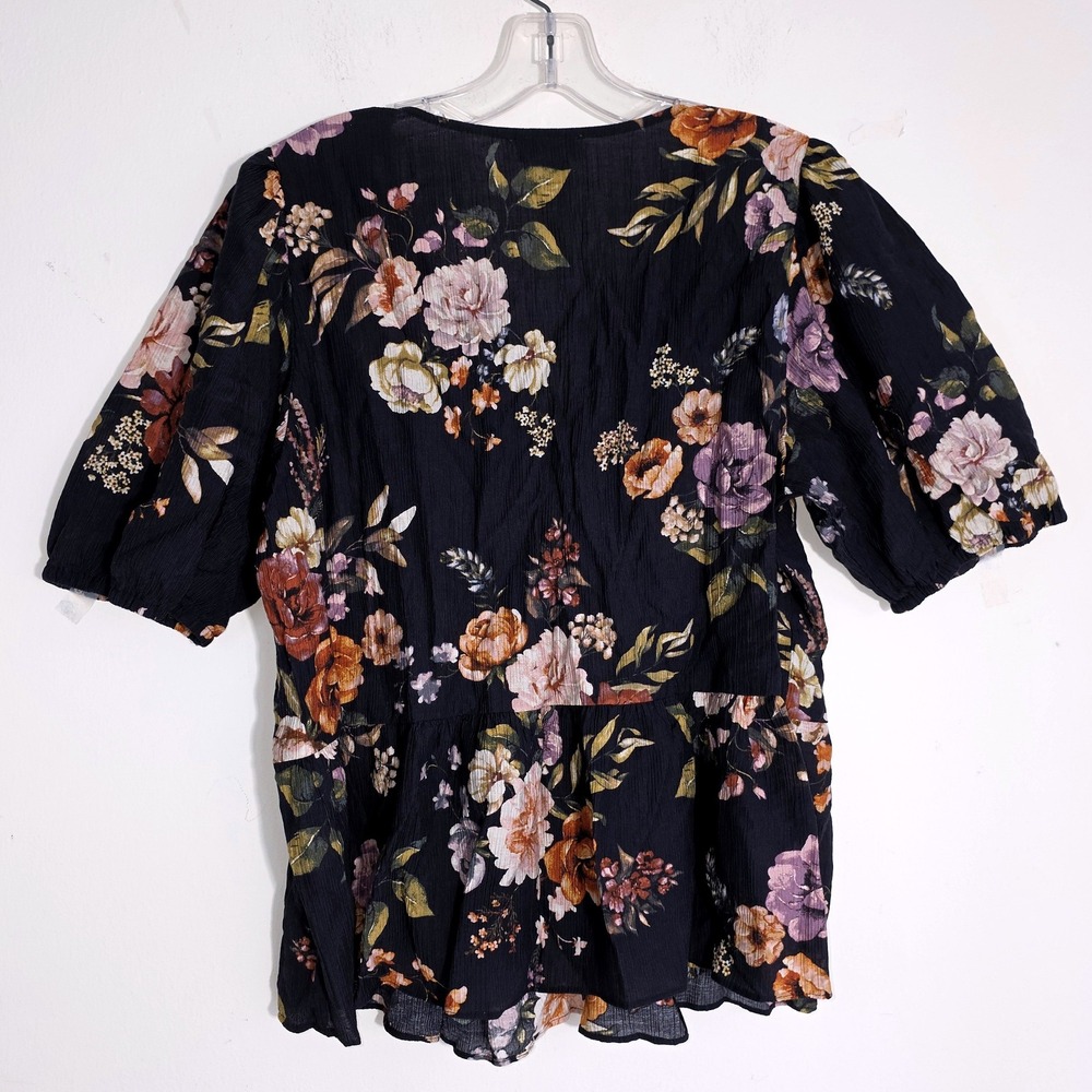 Laura Ashley Crinkled Blouse Womens Size XL Black Floral Peplum Tie Front EUC - Picture 6 of 9